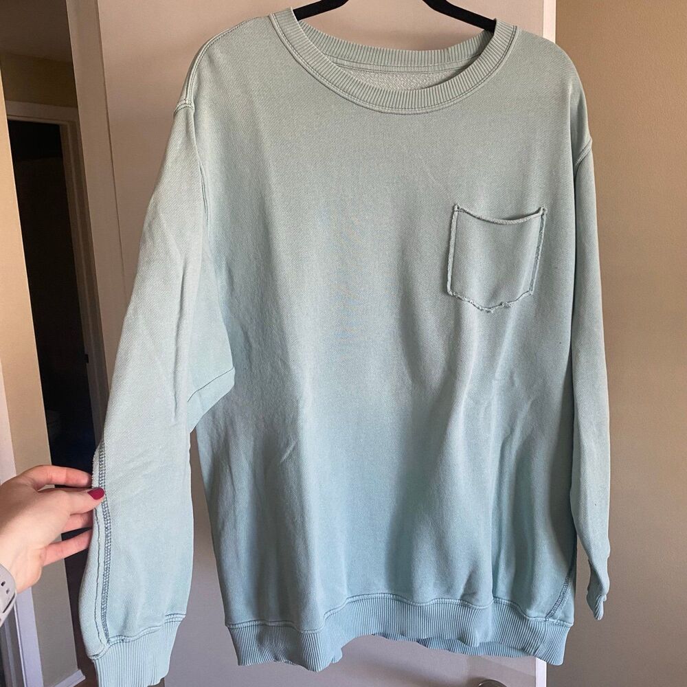 Aerie Oversized Light Blue Green Heart Sweatshirt with Pocket Size Medium